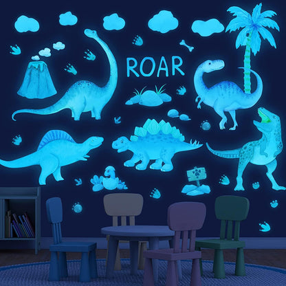 Dinosaur Wall Decals Glow in The Dark Dinosaur Wall Stickers Watercolor Dinosaur Decal Large Removable Vinyl Dino Wall Decals for Boys Bedroom Kids Girls Baby Nursery Playroom Living Room Wall Decor