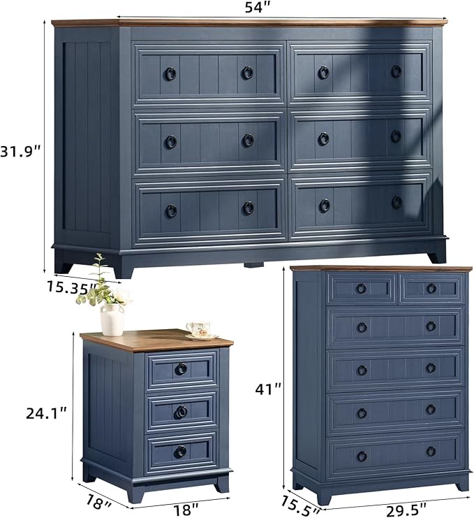Bedroom Dresser and Nightstand Sets 4 Piece, Farmhouse 6 Drawers Dresser & 40.5" Tall Chest of Drawers, 18" Nightstands Set of 2, 54" Wide Furniture Dressers for Bedroom, Living Room, Blue