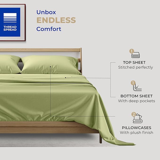 THREAD SPREAD 100% Cotton Queen Sheets Set - 400 Thread Count Queen Size Sheets (4 PC, Sage Green), 16" Deep Pocket All Around Elastic, Soft, Cooling, Durable & Breathable Sateen Weave Bed Sheet Set