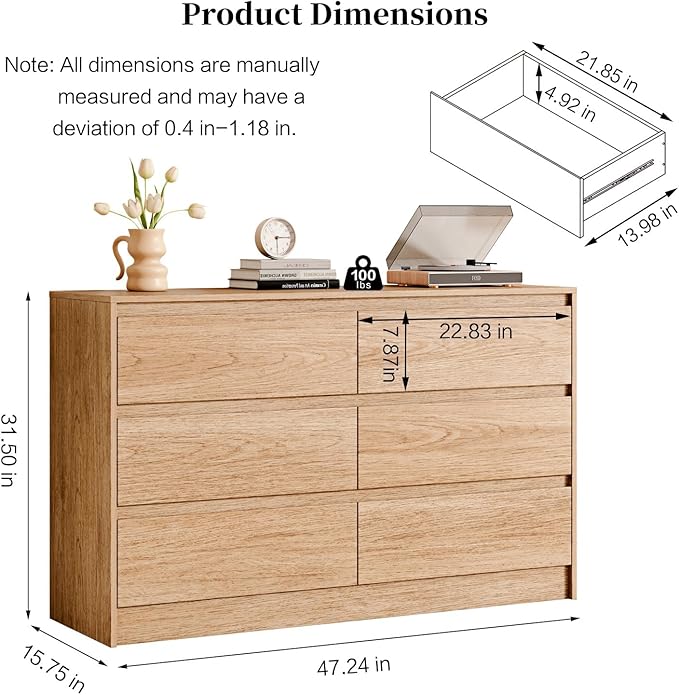 6 Drawer Dresser,47" Wide Mid Century Chest of Drawers,Wooden Bedroom Drawer Dresser with 6 Storage Drawers for Bedroom,Living Room,with Anti-Tipping Device,Natural