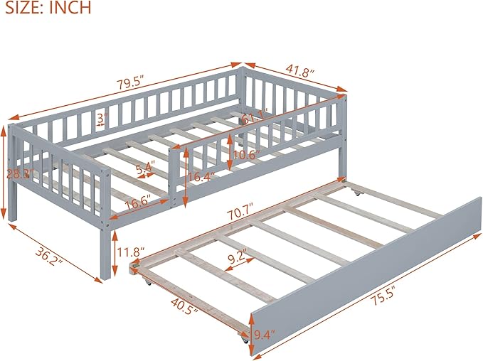 Bellemave Twin Kids Bed Frames with Rails for Kids, Twin daybed with Trundle for Boys/Girls/Adults，Gray
