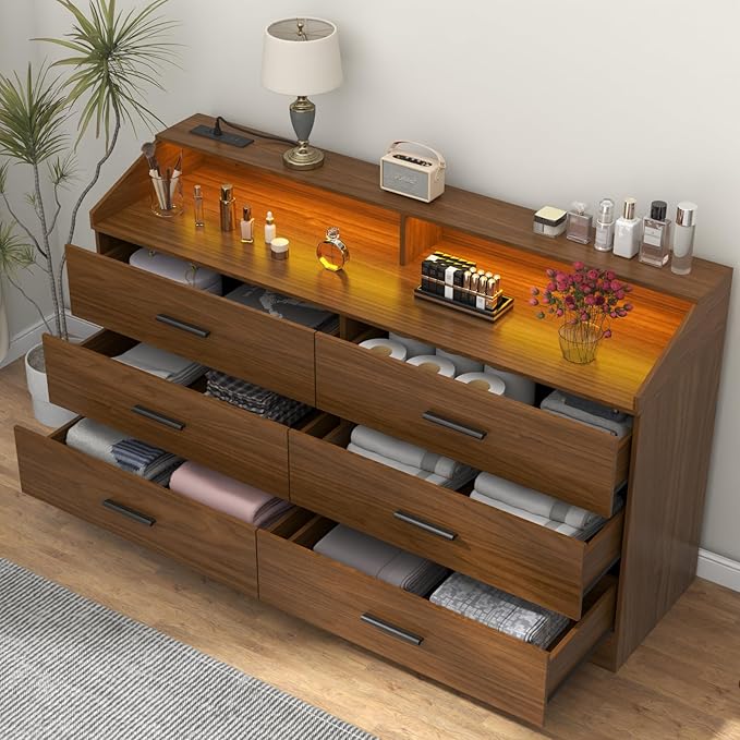 6 Drawer Dresser with Power Outlet, Chest of Drawers with LED Light, Modern Dresser with Open Storage Cubby, Double Wide Dressers Organizer for Bedroom, Living Room, Entryway,Hallway