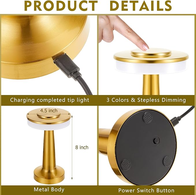 VIHOSE Cordless Table Lamps LED Portable Rechargeable Table Lamp with Touch Sensor 3 Color Dimming up to 15 Hours Battery Desk Light for Restaurant Nursery Living Room(Gold,12 Pcs)