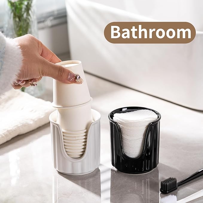 TANEW Ceramic Bathroom Cup Dispenser with Stylish Vertical Stripes - Dixie Cup Dispenser & Mouthwash Cup Holder Holds 3oz Paper Cups for Rinsing Cups on Bathroom Vanity Countertops Matt White