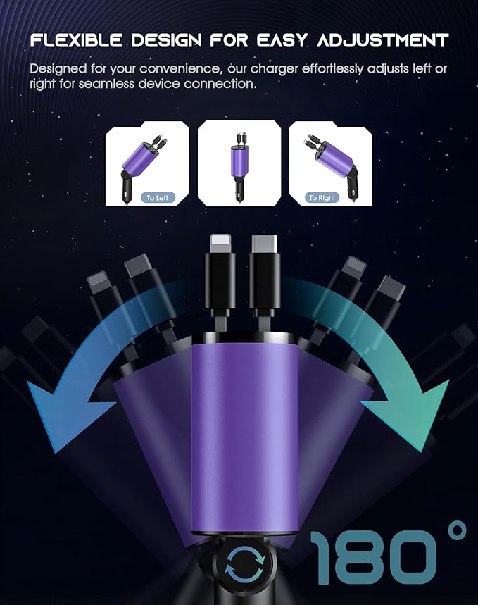 Retractable Car Phone Charger, 4 in 1 Fast Charge Car Phone Charger with 2 Retractable Cables(2.6ft) and 2 USB Ports, Compatible with iPhone15/14/15 Pro Max,Samsung (Purple)