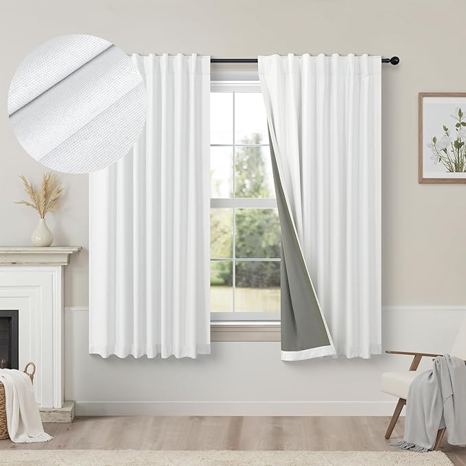 Short Small Window Room Darkening Curtains 58 Inches Long for Bedroom Basement Linen Cotton Textured Sunblock Heat Blocking Soundproof White Blackout Curtain Back Tab Pleated Drape 58 Length 2 Panels