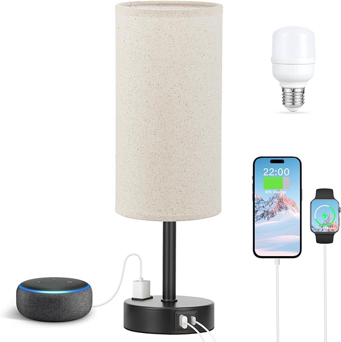 Fenmzee Beige Touch Table Lamp for Bedroom - 3 Way Dimmable Bedside Lamp USB C Charging Ports and AC Outlet, Small Lamp with Fabric Shade Black Base for Living Room, Office Desk, LED Bulb Included