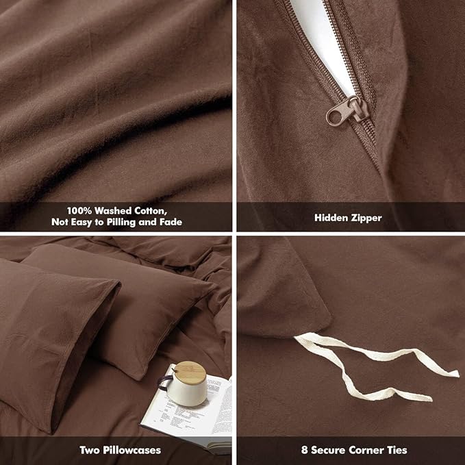 FOSSA Duvet Cover Set 100% Washed Cotton Linen Feel Super Soft Breathable Cozy 3 Pieces Bedding Sets Solid Cocoa Brown Super Queen