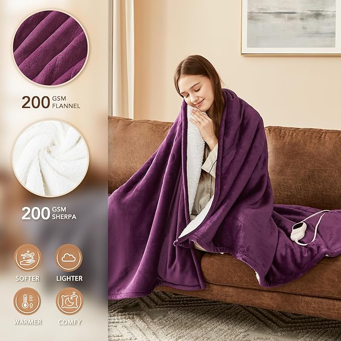 Homemate Electric Heated Blanket King Size - 100"x90" Heating Blanket King Size Dual Control 1/2/4/6/8 Hours Auto-Off 10 Heat Level Over-Heat Protection Flannel Sherpa ETL Certification