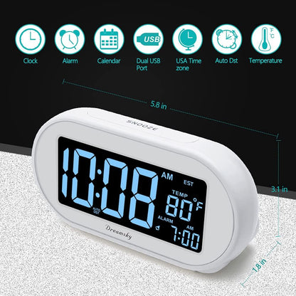 DreamSky Alarm Clocks for Bedrooms, Auto Set Digital Desk Clock for Bedside Nightstand, Electric Clock with Dimmable Brightness Dimmer, Auto DST, USB Port, Date, Temperature, Snooze