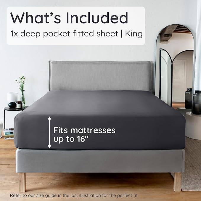 Bambaw 100% Viscose Derived from Bamboo Fitted Sheets King Size, Cooling Fitted Sheets King Size, 16’’ Deep Pocket King Size Fitted Sheet Only, Breathable King Size Bottom Fitted Sheet Only (Charcoal)