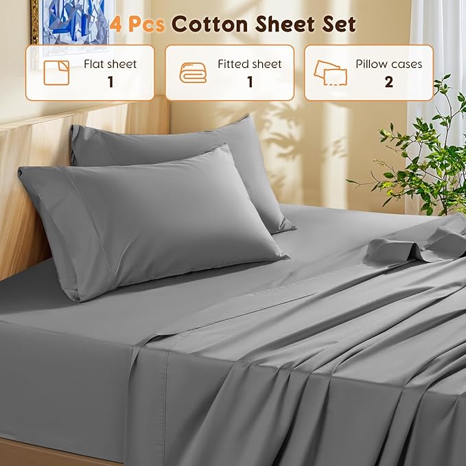 LBRO2M 100% Cotton Sheets Set King Size 600 Thread Count Sheet 4 Piece Sets Bed Sheet Deep Pocket Up to 16" Soft Comfortable All Season (King, Gray)