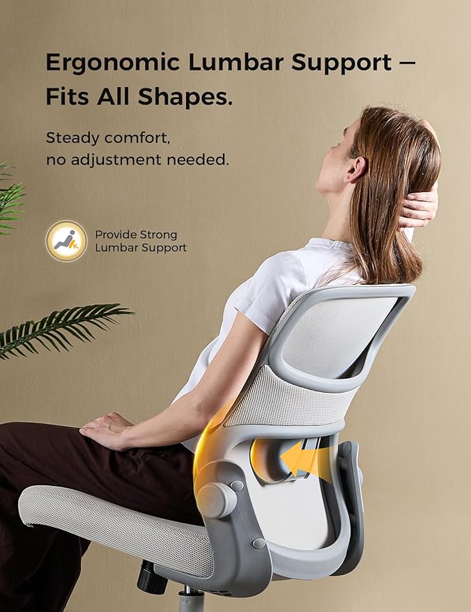 Office Chair, Mesh Ergonomic Desk Chairs, Lumbar Support, Adjustable Height, Armless, Swivel Function and Smooth-Rolling Wheels for Home, Office and Gaming (Gray)