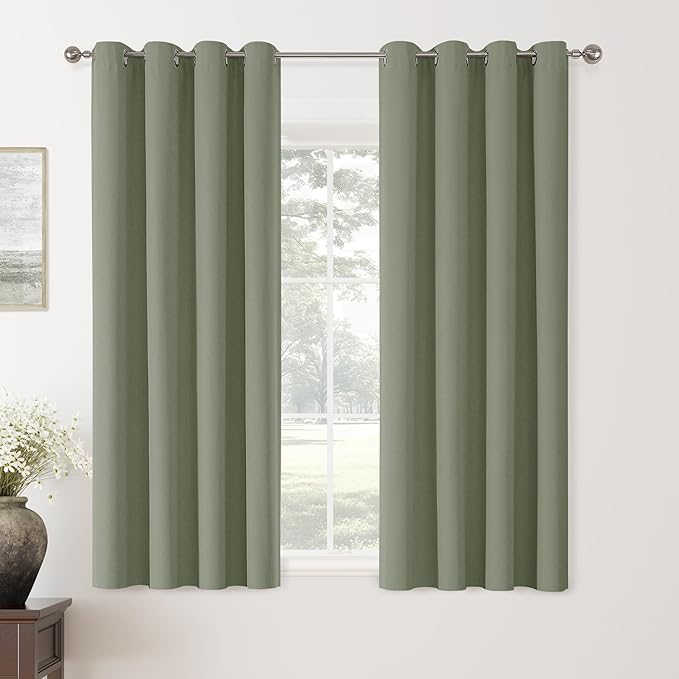 ChrisDowa 100% Blackout sage Solid Curtains 63 Inches Long 2 Panels for Bedroom Living Room,Farmhouse Room Darkening Thermal Insulated Soundproof Grommet Top Window Treatment Drapes,52x63