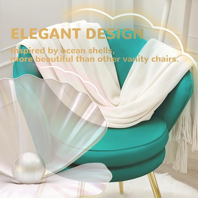 Velvet Vanity Chair with Back, Mid-Century Modern Small Accent Chair for Living Room, Golden Metal Legs Upholstered Makeup Chair, 1Pcs Bedroom Armchair, Emerald Green
