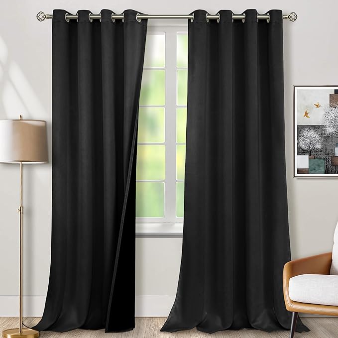 BGment 100% Blackout Curtains 108 Inch Long 2 Panles Set, Thermal Insulated Total Light Locking Soundproof Grommet Curtains & Drapes for Living Room with Black Liner, 52 Inch Wide Each, Black