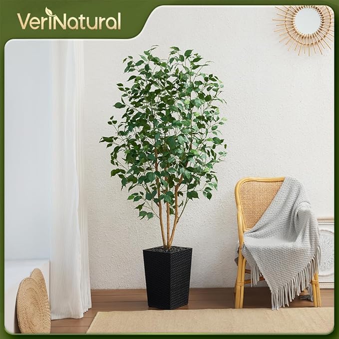 6ft Artificial Ficus Tree,Tall Faux Tree with Silk Leaves & Real Wood Trunk,UV Resistant Potted Fake Plant with Pebbles & Planter-Indoor Outdoor Floor Plant for Home Living Room,VN129