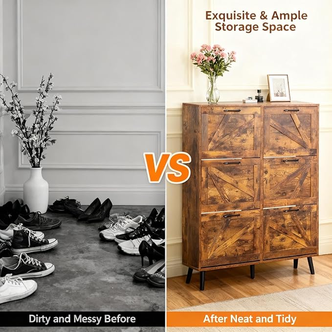 VINGLI 6 Flip Drawer Shoe Cabinet for Entryway, Rustic Brown Shoe Storage Cabinet with 5 Solid Wood Legs, Farmhouse Barn Door Design Tall Shoe Organizer for Hallway, Bedroom, or Living Room