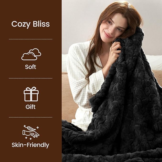 Cozy Bliss Faux Fur Throw Blanket for Couch, Fuzzy Soft Plush Thick Warm Fluffy Reversible Wave Textured Blanket for Sofa Bedroom Living Room, 55 * 70 Inches Black