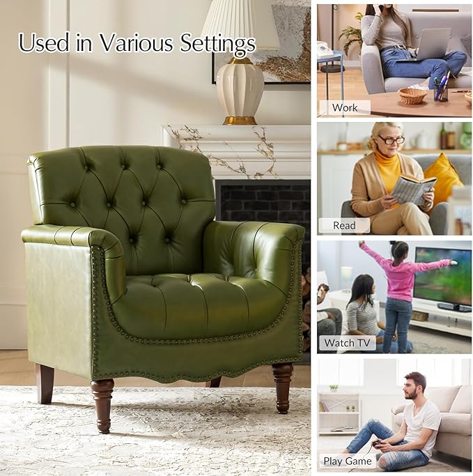 HULALA HOME Mid Century Modern Leather Club Chairs Set of 2, Top-Grain Genuine Leather Armchairs with Button-Tufted Back & Solid Wood Legs, Accent Chairs for Living Room/Bedroom/Home Office, Olive
