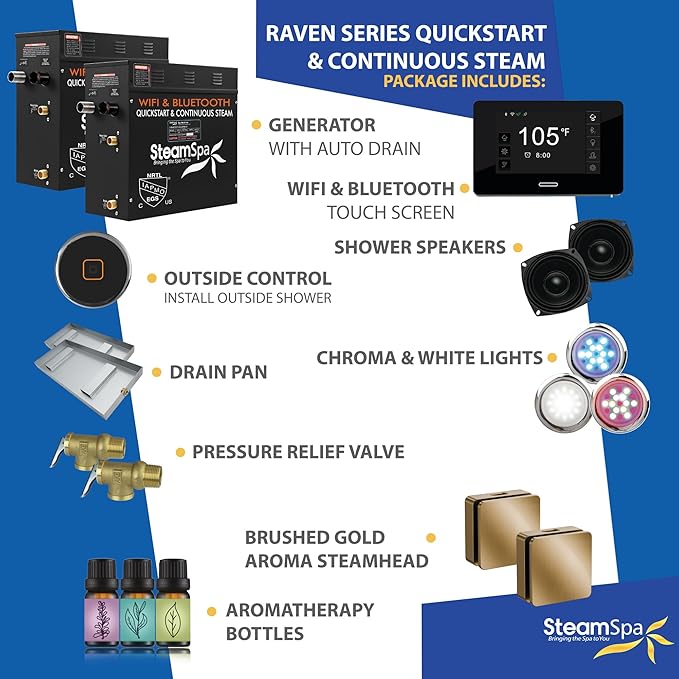 SteamSpa Steam System 15kW Steam Shower Generator with Bluetooth Wifi, Quickstart Continous Steam, Advanced Touch Pad Screen, Chroma Lights, Drain Pan and Auto Drain Gold RVBS1500GD-A