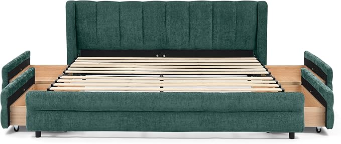 DEINPPA Queen Size Bed Frame with 4 Storage Drawers and Cloud Soft Headboard, Chenille Upholstered Grounded Wood Base Bed Frame, No Box Spring Needed-Blue+Green