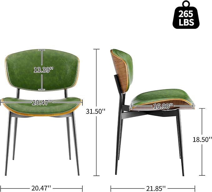 Art Leon Faux Leather Dining Chairs - Set of 2 Mid Century Modern Desk Chair No Wheels, Armless Accent Chair with Black Metal Legs, Green/Walnut