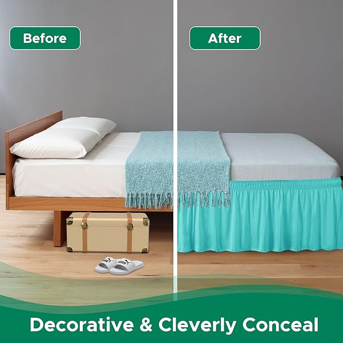 Biscaynebay Wrap Around Bed Skirts for King & Cal King Beds 18" Drop, Aqua Adjustable Elastic Dust Ruffles Easy Fit Wrinkle Resistant Silky Luxurious Fabric Machine Washable