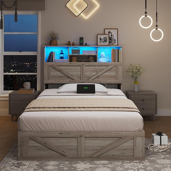 AOGLLATI Twin Bed Frame with 4 Storage Drawers and Charging Station, Farmhouse Wooden Led Twin Bed with Storage Hidden Space Headboard and Metal Slats, Gray