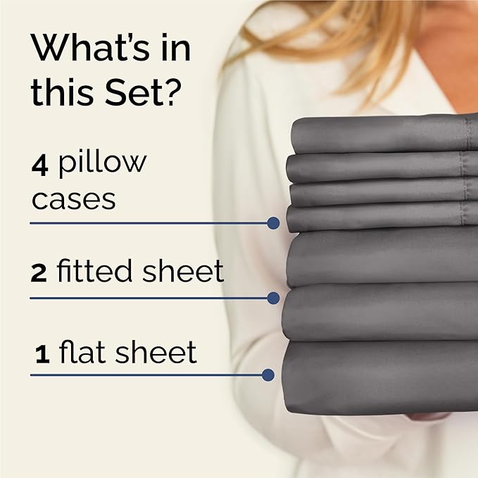 Split King 7 Piece Sheet Set - Cooling & Breathable - Hotel Luxury Bedding, Includes Fitted Sheets for Women, Men, Kids & Teens - 1 Flat, 2 Fitted Sheets, 4 Pillowcases with Deep Pockets - Dark Grey