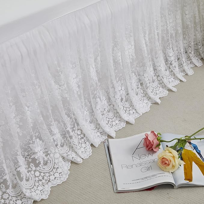 Brandream Luxury White Lace Bed Skirt King Size 18 Inch Drop Split Corners Romantic Bed Cover Dust Ruffle Bed Skirts