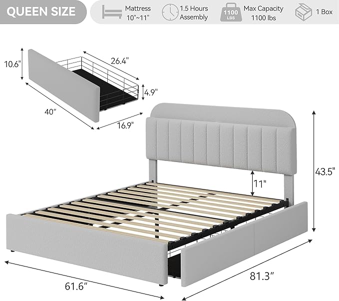 Jojoka Queen Bed Frame with Storage Headboard and 2 Drawers, Boucle Upholstered Platform Bed, Modern Girls Bed Frames for Rooms, No Box Spring Needed, Easy Assembly, Grey
