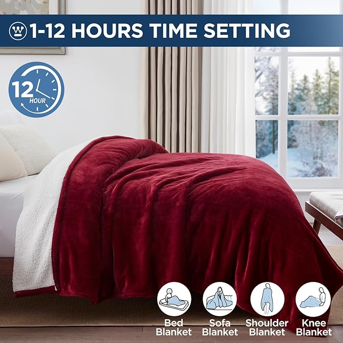 Westinghouse Electric Blanket Queen, Heated Blanket Queen Size with 10 Heating Levels and 1 to 12 Hours Heating Time Settings, Flannel to Sherpa Reversible, Machine Washable (84" x 90", Red)