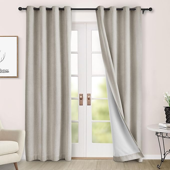 Macochico 100% Blackout Chenille Curtains 96 Inches Long for Hotel Nursery Noise Reducing Thermal Curtains for Bedroom Living Room Grommet Beige Curtains with Tieback 52" Wx96 L Classic 1 Panel