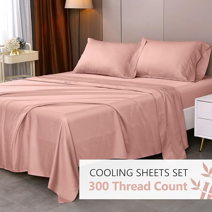 King Sheets, Rayon Derived from Bamboo, Cooling Bed Sheets Set,Deep Pocket Up to 16", 4 Pieces Silky Soft, Breathable Bedding Sheets & Pillowcases(Pink,King)