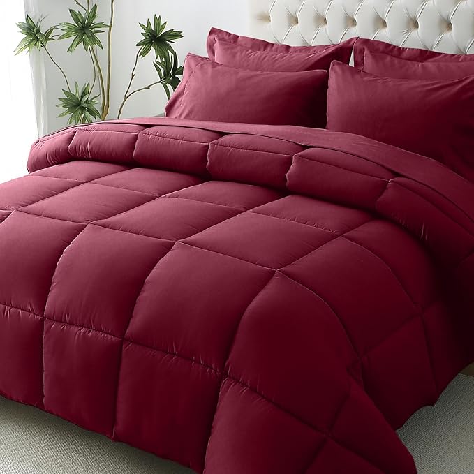 JOLLYVOGUE California King Comforter Set, Ultra-Soft Bed in a Bag Cal King Size 7 Pieces, Oeko-TEX Certified Bedding Set with Down Alternative Comforter, Sheets, Pillowcases & Shams, Burgundy