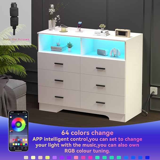 Dresser with Power Outlets and LED Lights Wooden 6 Drawer Dresser with Large Organizer Tall White Drawer for Bedroom Modern Chest of Drawers Closet for Living Room Kids Room