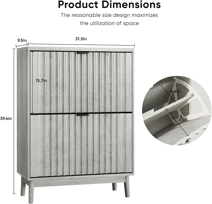 Shoe Storage Cabinet with 2 Flip Drawers, Walnut Fluted Narrow for Entryway, Slim Shoe Rack Cabinet Organizer 31.5in (Gray)