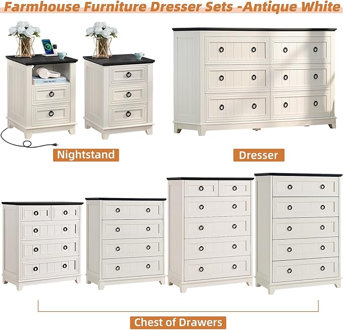 Bedroom Dresser and Nightstand Sets 4 Piece, Farmhouse 6 Drawers Dresser & 40.5" Tall Chest of Drawers, 18" Nightstands Set of 2, 54" Wide Furniture Dressers for Bedroom, Living Room, White