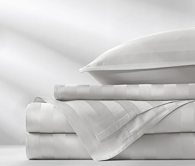 Pure Bamboo Queen Sheets, Genuine 100% Organic Viscose Derived from Bamboo Bed Sheet Set, Luxuriously Soft & Cooling, Double Stitching, 2 Year Quality Promise (Queen, Jacquard White)