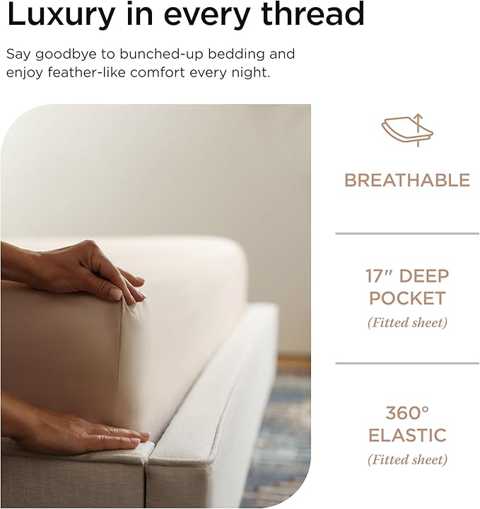 Threadmill Supima Cotton Sheets, 1200 Thread Count Soft 100% Cotton Sheets for Cal King Size Bed, 4 Pc Beige Cal King Bed Sheets Set, 5-Star Hotel Quality with Elasticized Deep Pocket King Sheet