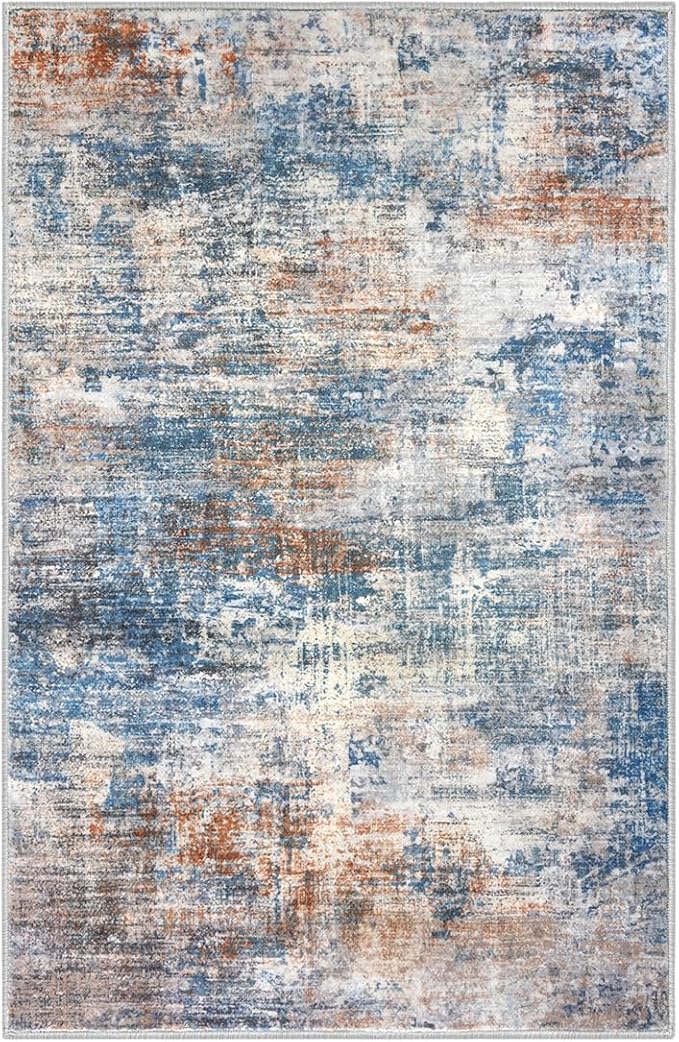 IOHOUZE Abstract Area Rugs 9x12 Ft Washable Large Rugs for Living Room, Non Slip Dining Room Rug, Printed Faux Wool Rugs for Bedroom, Floor Carpet for Office Nursery Playroom, Blue Rust