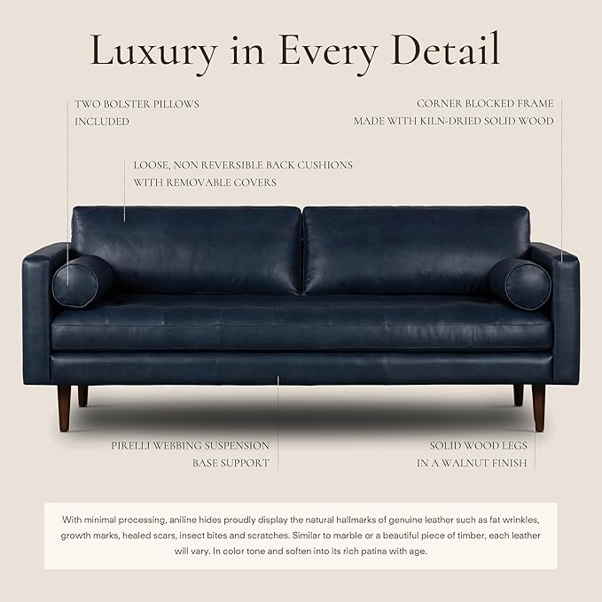 Poly & BARK Napa 88.5" Leather Sofa – Full-Grain Italian-Tanned Aniline Leather, Feather-Down Comfort, Solid Wood Frame, Walnut Legs, Midnight Blue