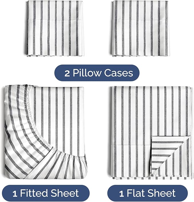 Twin XL 4 Piece Sheet Set - Cooling, Comfy & Breathable - Hotel Luxury Bedding Includes Fitted Sheet for Women, Men, Kids & Teens - 1 Flat, 1 Fitted Sheet, 2 Pillowcases w/Deep Pockets - Grey Stripes