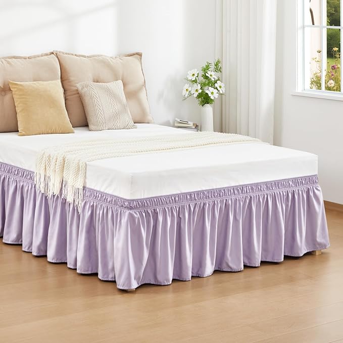 RIMELA Lavender Purple Bed Skirt Queen Size 15 Inch Drop, Wrap Around Elastic Bedskirt, Dust Ruffle for Adjustable Bed Base Machine Washable Easy to Install Bed Skirts
