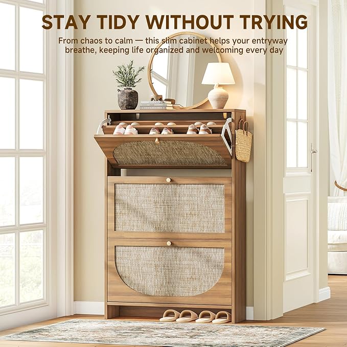 Nicetree Freestanding Ultra Slim Arched Rattan Accent Shoe Storage Cabinet for Entryway - 3 Flip Drawers & 3-Tier Adjustable Shelves, Farmhouse Modern Rustic Shoe Rack for Hallway, Foyer