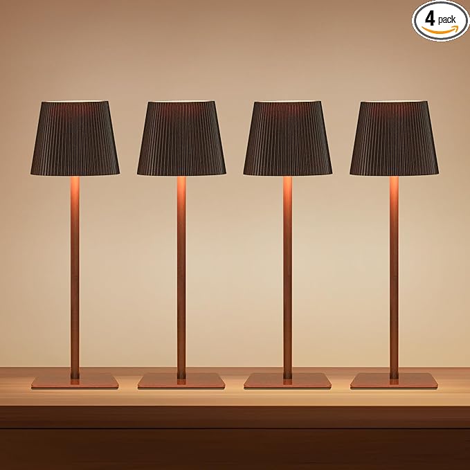 LUTEC 4 Pack Cordless Table Lamp,6000mAh Rechargeable Battery Operated Desk Lamp,Two Adjustable Heights,Waterproof, Touch Control & 3 Color Stepless Dimming for Restaurant/Bedroom/Bars/Outdoor (Brown)