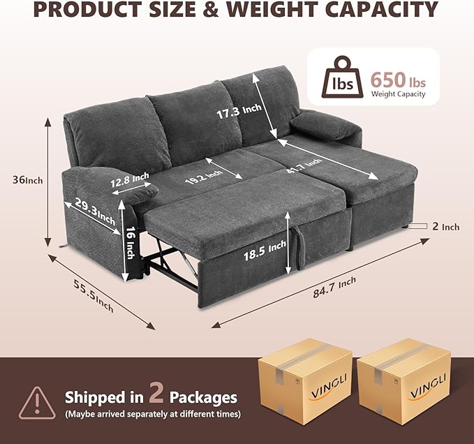 VINGLI Convertible Sofa Bed Couches for Living Room, Sleeper Sofa with Pull Out Couch Bed, Cloud-Like Plush Fleece L-Shape Sectional Couch with Storage Chaise, USB Charging, Side Pockets (Black)