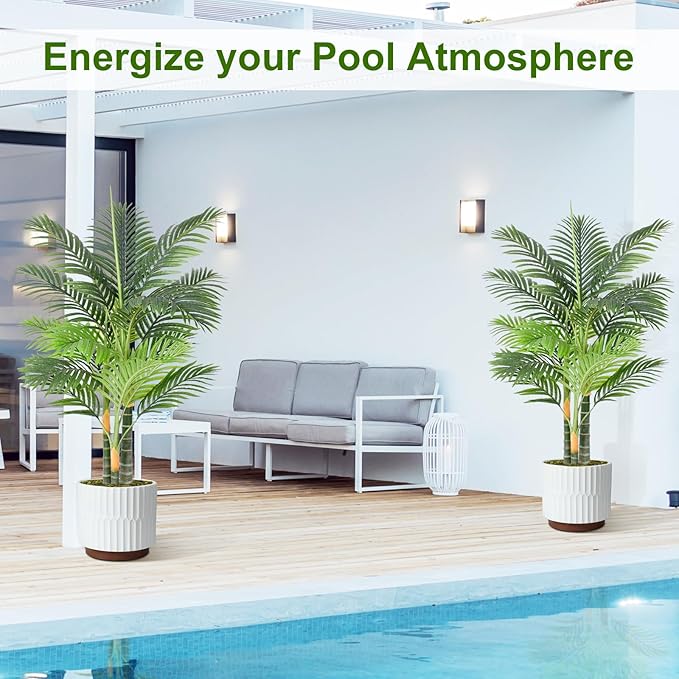 4ft Tall Triple Golden Cane Palm Artificial Tree Large Tropical Palm Tree UV Resistant Fake Plant in Pot for Indoor Outdoor Big House Living Room Outside Patio Office Home Decor 1Pack