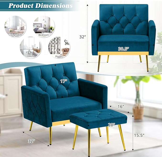 Velvet Accent Chair w/Adjustable Armrests and Backrests, Tufted Single Sofa with Ottoman, Upholstered Reading Chiar for Living Room, Apartment, Bedroom, Teal